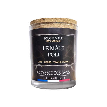 Bougie 220 g cire de soja et mèche coton. Contenant en verre et bouchon en liège-LE MALE POLI cuir-cèdre-ylang ylang