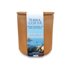 Bougie 300 gr, cire de soja et huile essentielle. Contenant en terre cuite avec couvercle. EUCALYPTUS