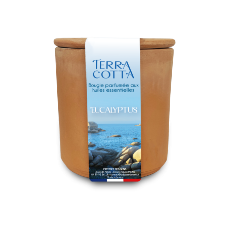 Bougie 300 gr, cire de soja et huile essentielle. Contenant en terre cuite avec couvercle. EUCALYPTUS