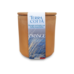 Bougie 180 gr, cire de soja et huile essentielle. Contenant en terre cuite avec couvercle. ORANGE